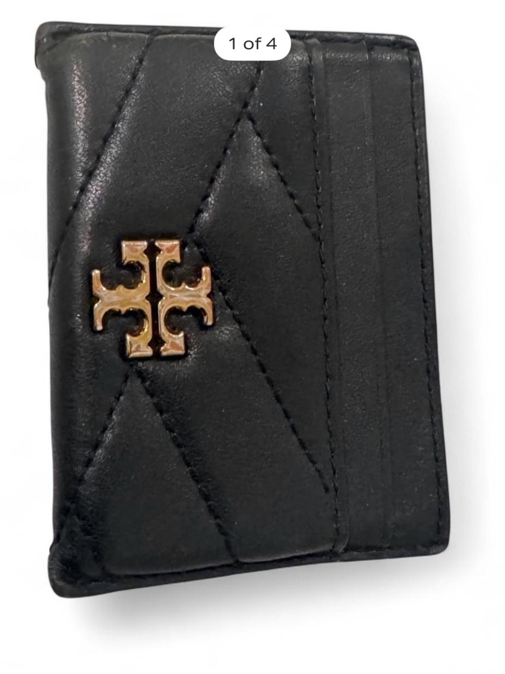 Tory Burch Black Quilted Leather Card Holder with Gold Logo Accent